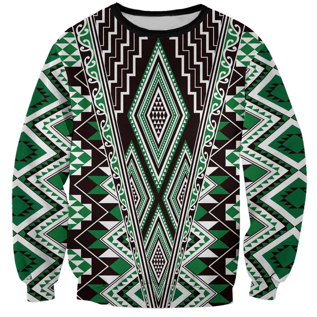 Green Aotearoa Tukutuku and Poutama Motif Sweatshirt