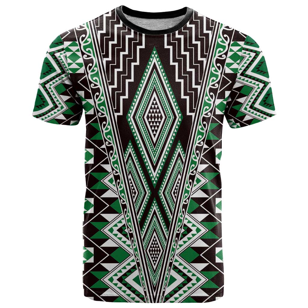 Green Aotearoa Tukutuku and Poutama Motif T Shirt