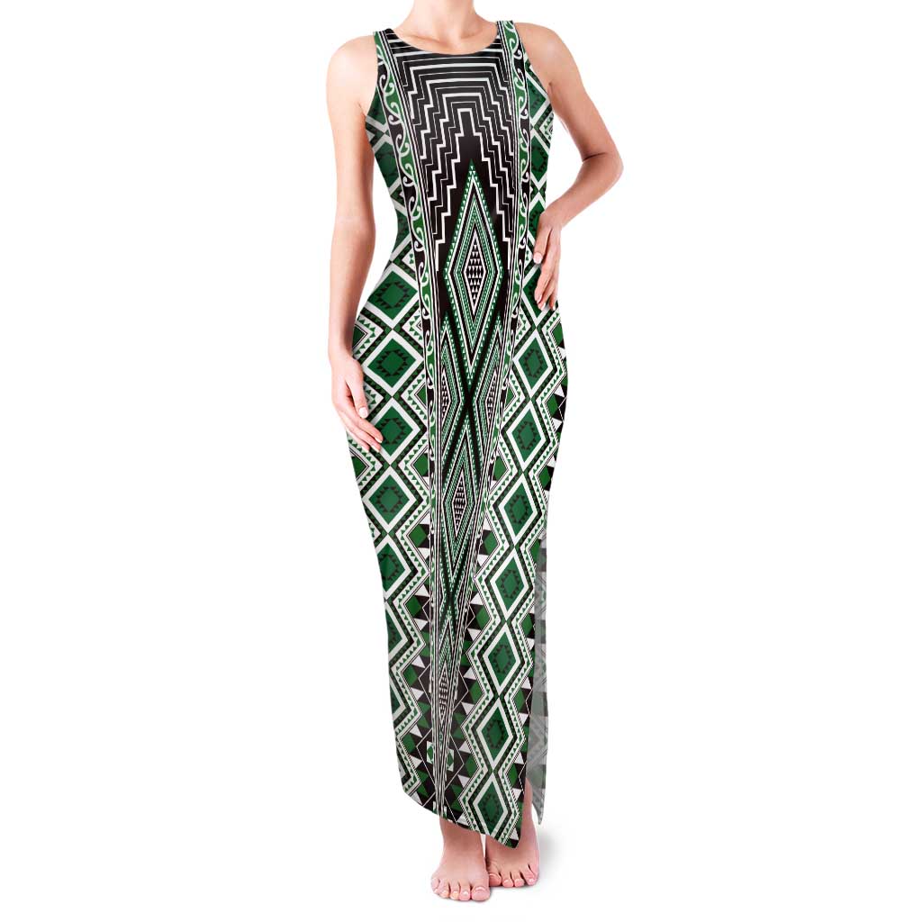 Green Aotearoa Tukutuku and Poutama Motif Tank Maxi Dress