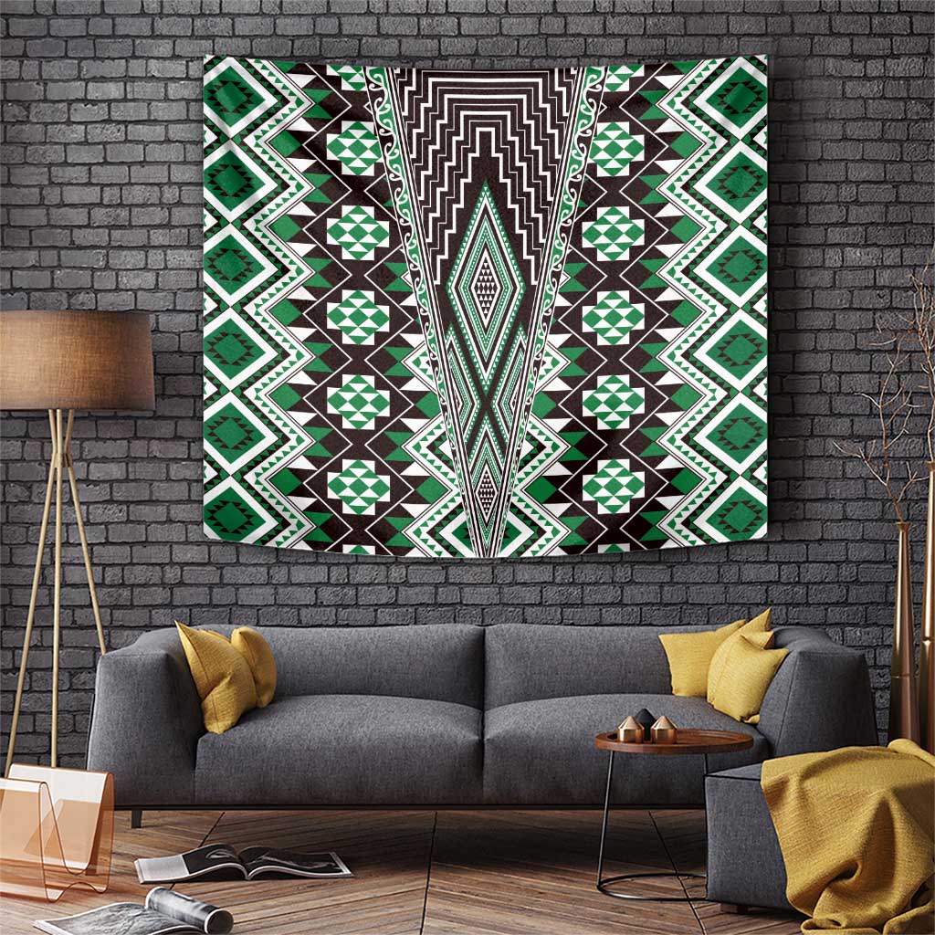 Green Aotearoa Tukutuku and Poutama Motif Tapestry