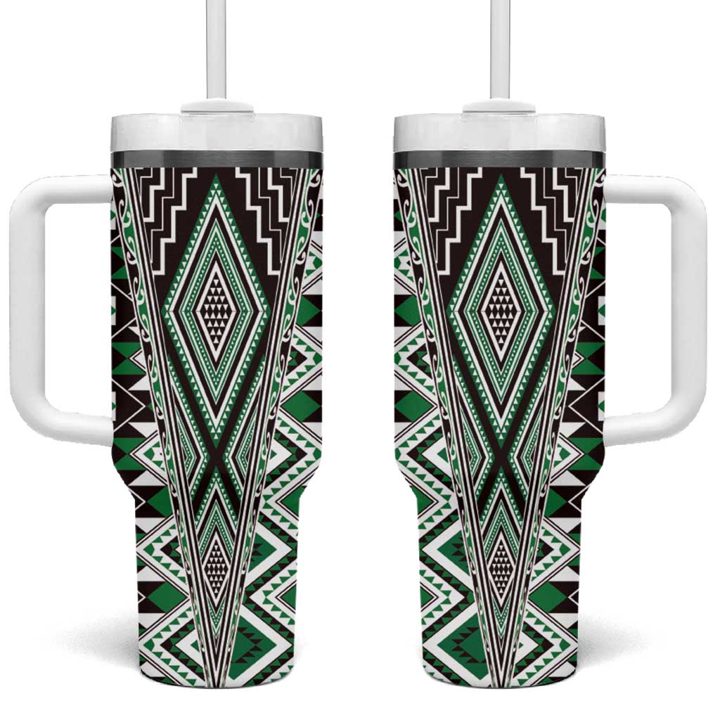 Green Aotearoa Tukutuku and Poutama Motif Tumbler With Handle