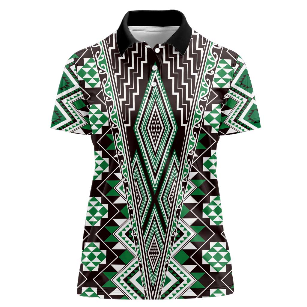 Green Aotearoa Tukutuku and Poutama Motif Women Polo Shirt