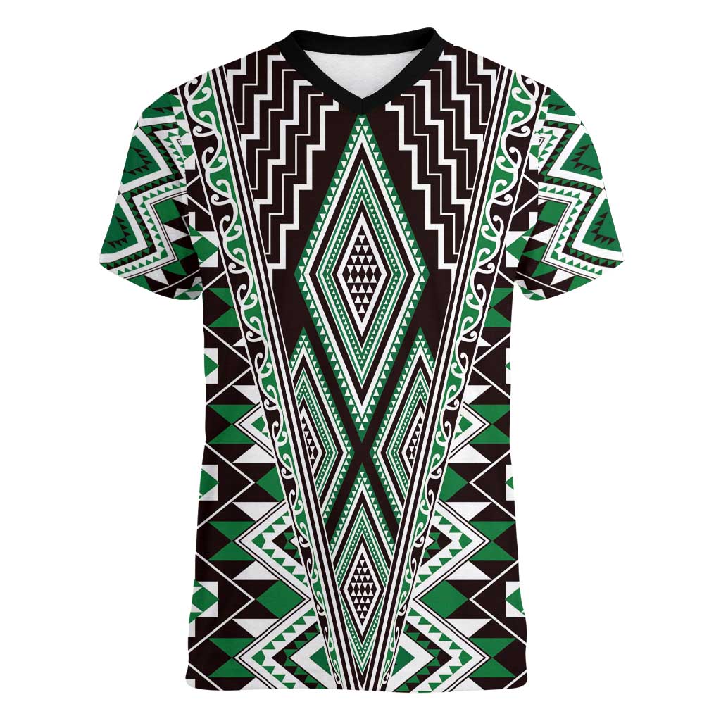 Green Aotearoa Tukutuku and Poutama Motif Women V-Neck T-Shirt