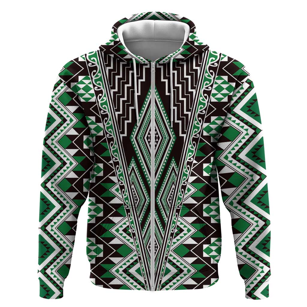 Green Aotearoa Tukutuku and Poutama Motif Zip Hoodie LT03 Zip Hoodie Green - Polynesian Pride