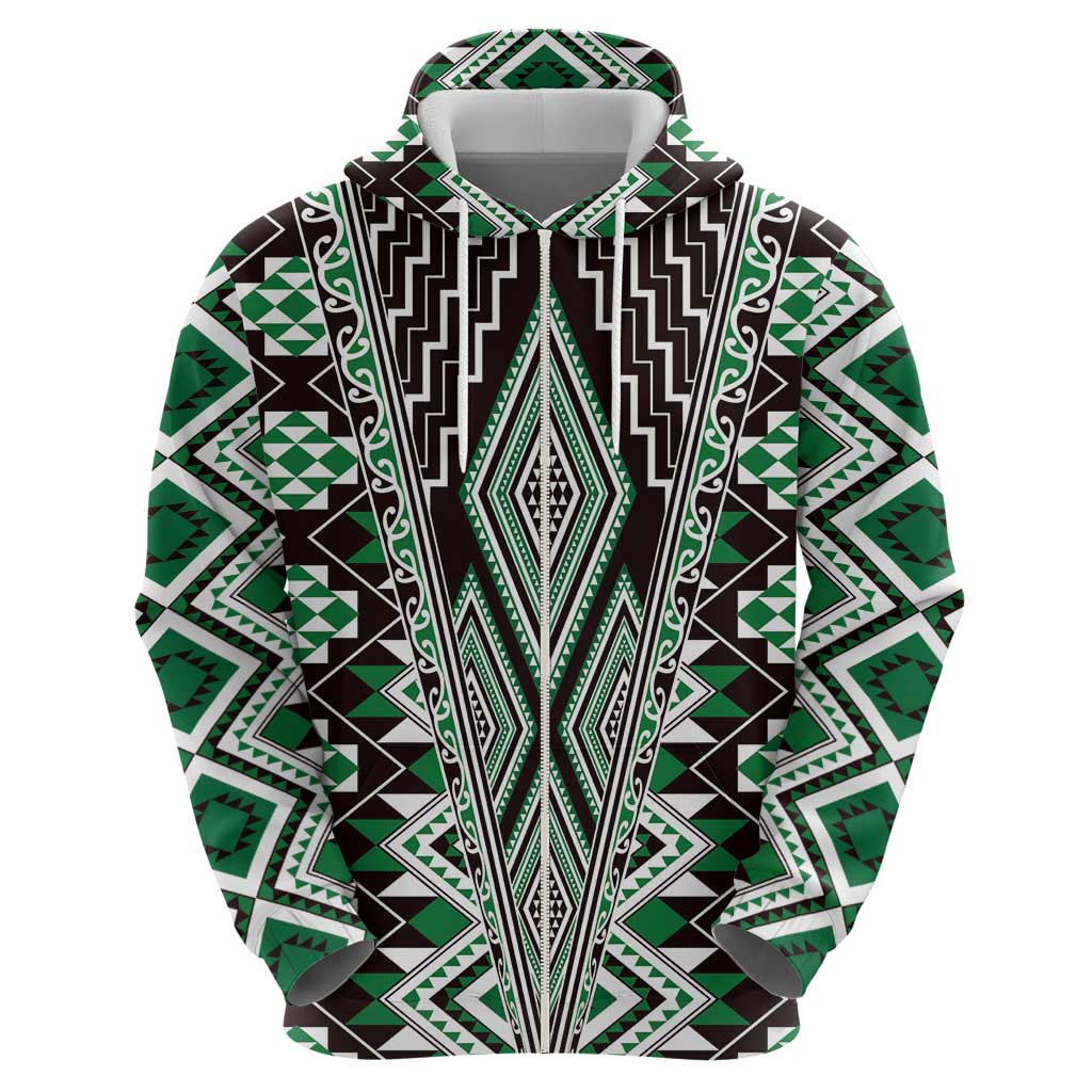 Green Aotearoa Tukutuku and Poutama Motif Zip Hoodie LT03 - Polynesian Pride