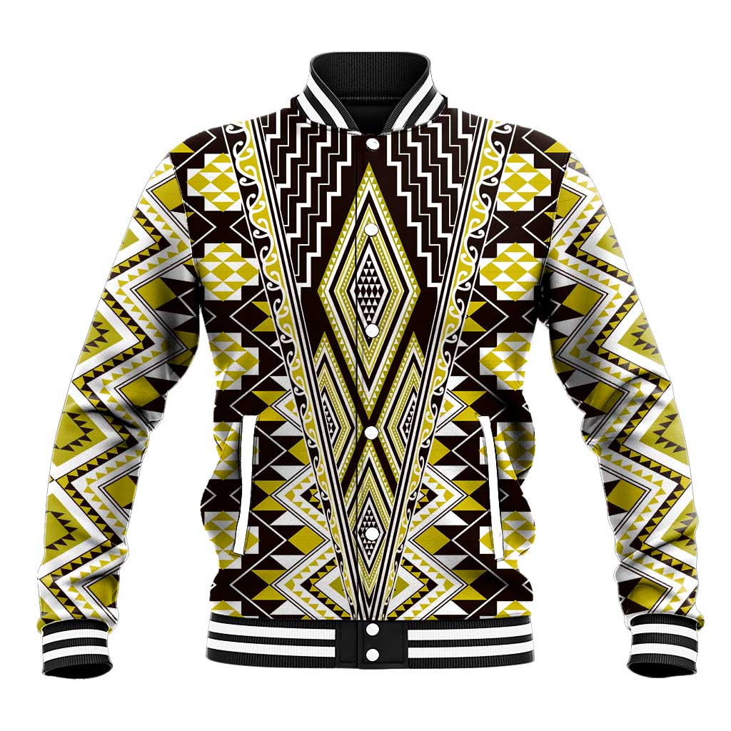 Yellow Aotearoa Tukutuku and Poutama Motif Baseball Jacket