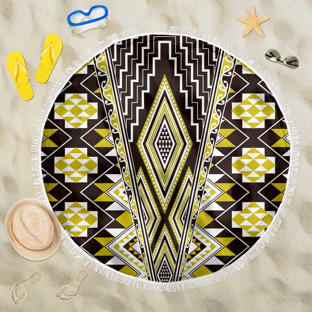 Yellow Aotearoa Tukutuku and Poutama Motif Beach Blanket