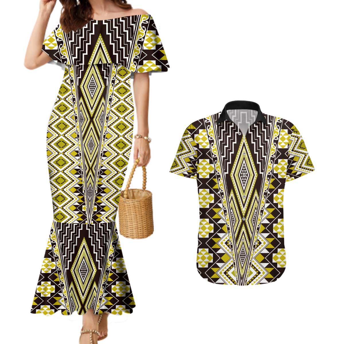 Yellow Aotearoa Tukutuku and Poutama Motif Couples Matching Mermaid Dress and Hawaiian Shirt