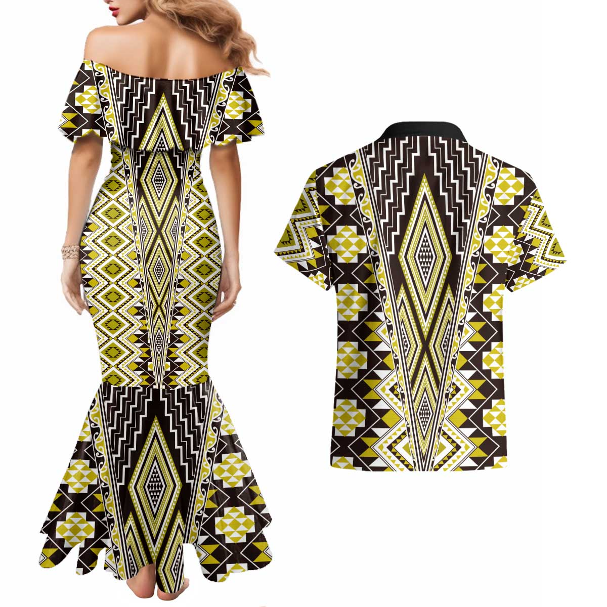 Yellow Aotearoa Tukutuku and Poutama Motif Couples Matching Mermaid Dress and Hawaiian Shirt