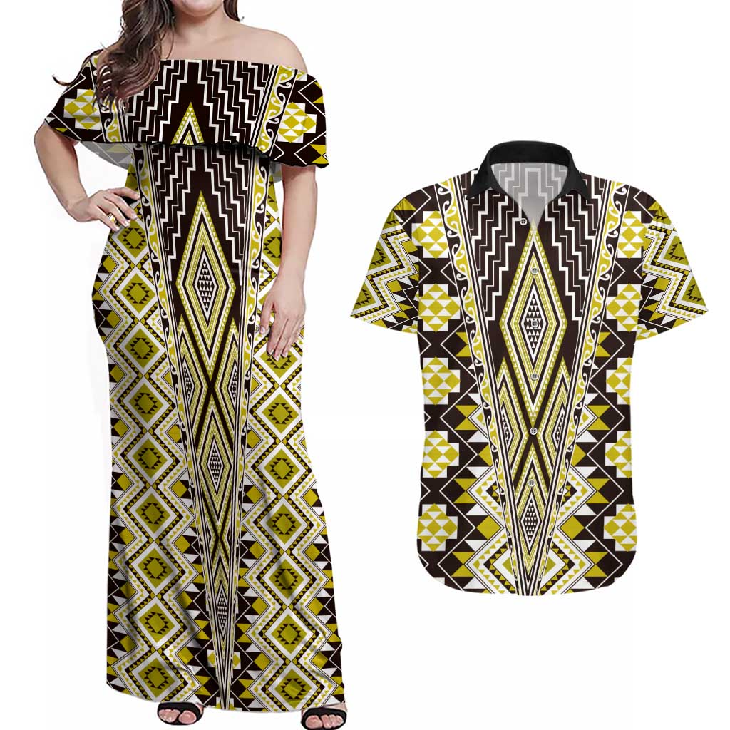 Yellow Aotearoa Tukutuku and Poutama Motif Couples Matching Off Shoulder Maxi Dress and Hawaiian Shirt