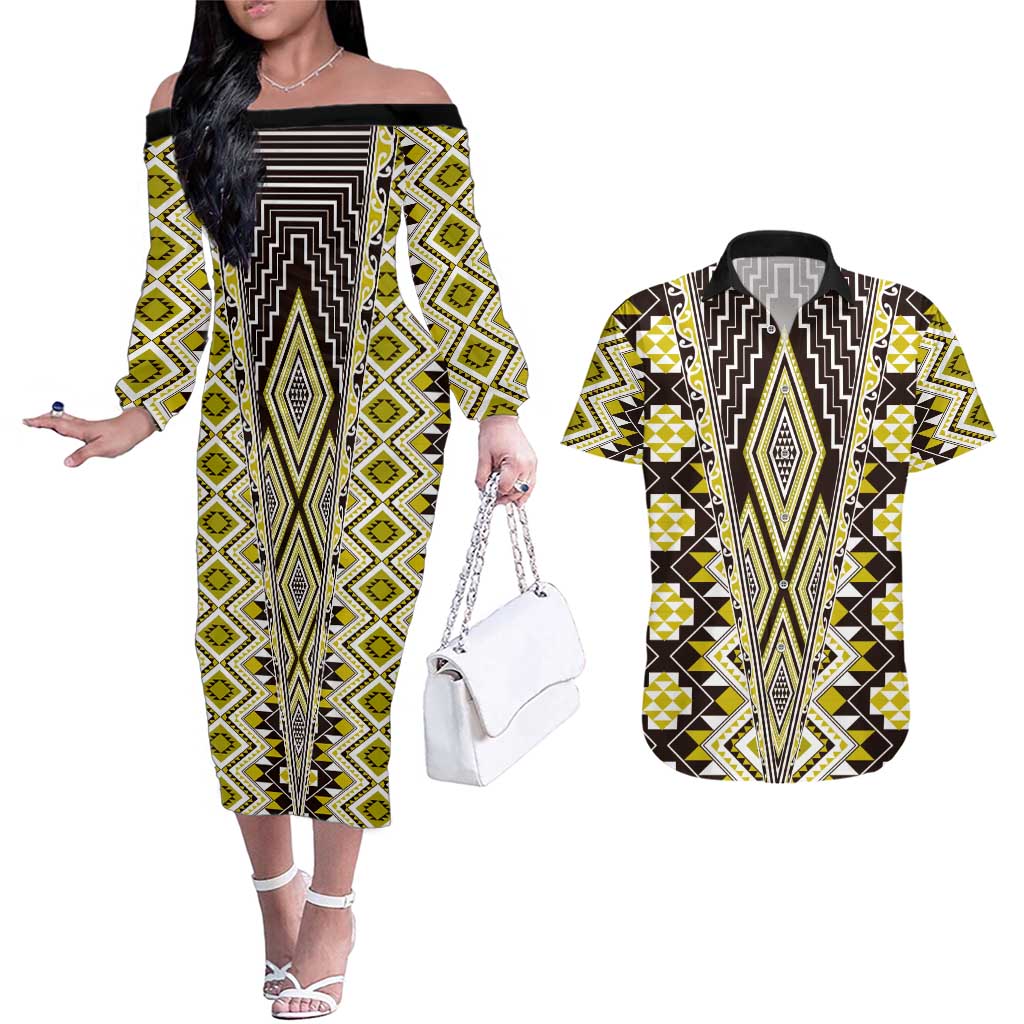 Yellow Aotearoa Tukutuku and Poutama Motif Couples Matching Off The Shoulder Long Sleeve Dress and Hawaiian Shirt