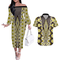 Yellow Aotearoa Tukutuku and Poutama Motif Couples Matching Off The Shoulder Long Sleeve Dress and Hawaiian Shirt