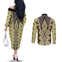 Yellow Aotearoa Tukutuku and Poutama Motif Couples Matching Off The Shoulder Long Sleeve Dress and Long Sleeve Button Shirt LT03 - Polynesian Pride