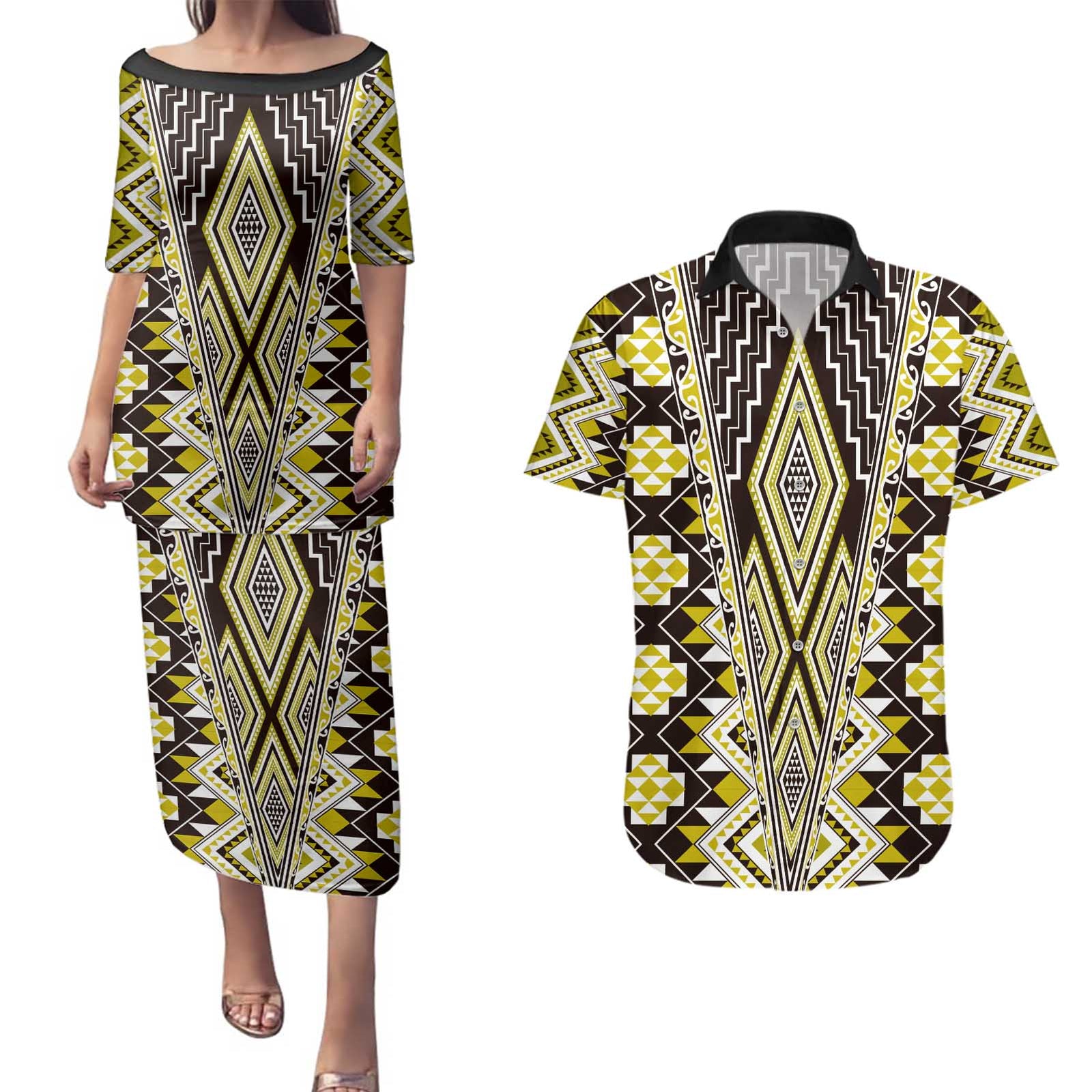 Yellow Aotearoa Tukutuku and Poutama Motif Couples Matching Puletasi and Hawaiian Shirt