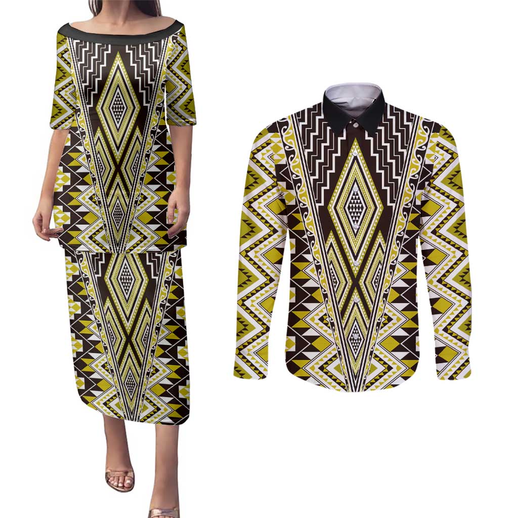Yellow Aotearoa Tukutuku and Poutama Motif Couples Matching Puletasi and Long Sleeve Button Shirt