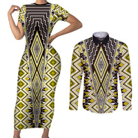 Yellow Aotearoa Tukutuku and Poutama Motif Couples Matching Short Sleeve Bodycon Dress and Long Sleeve Button Shirt LT03 Yellow - Polynesian Pride