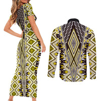 Yellow Aotearoa Tukutuku and Poutama Motif Couples Matching Short Sleeve Bodycon Dress and Long Sleeve Button Shirt LT03 - Polynesian Pride