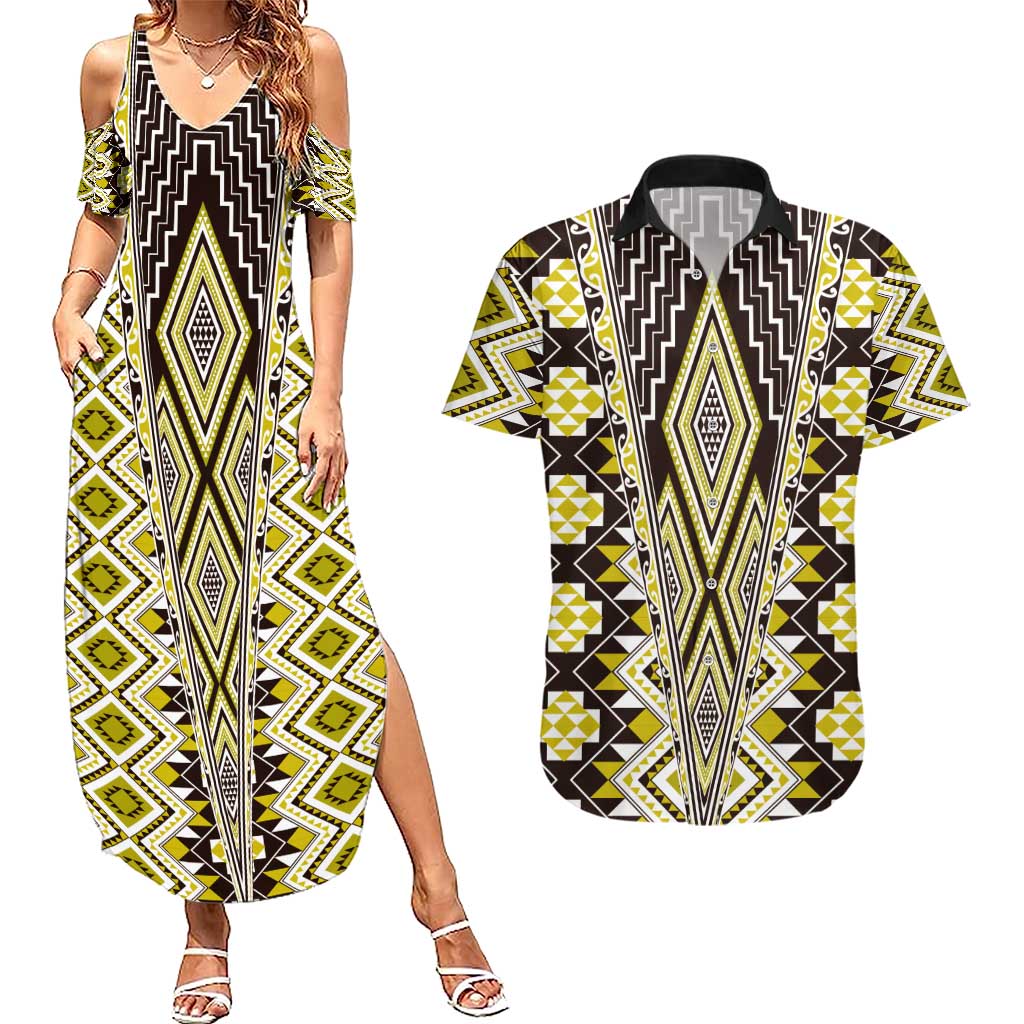 Yellow Aotearoa Tukutuku and Poutama Motif Couples Matching Summer Maxi Dress and Hawaiian Shirt