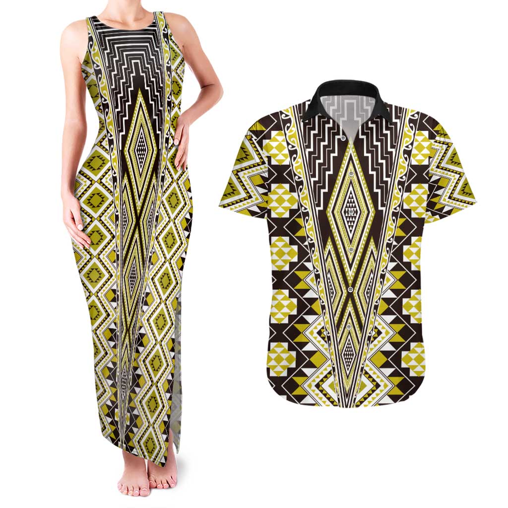 Yellow Aotearoa Tukutuku and Poutama Motif Couples Matching Tank Maxi Dress and Hawaiian Shirt