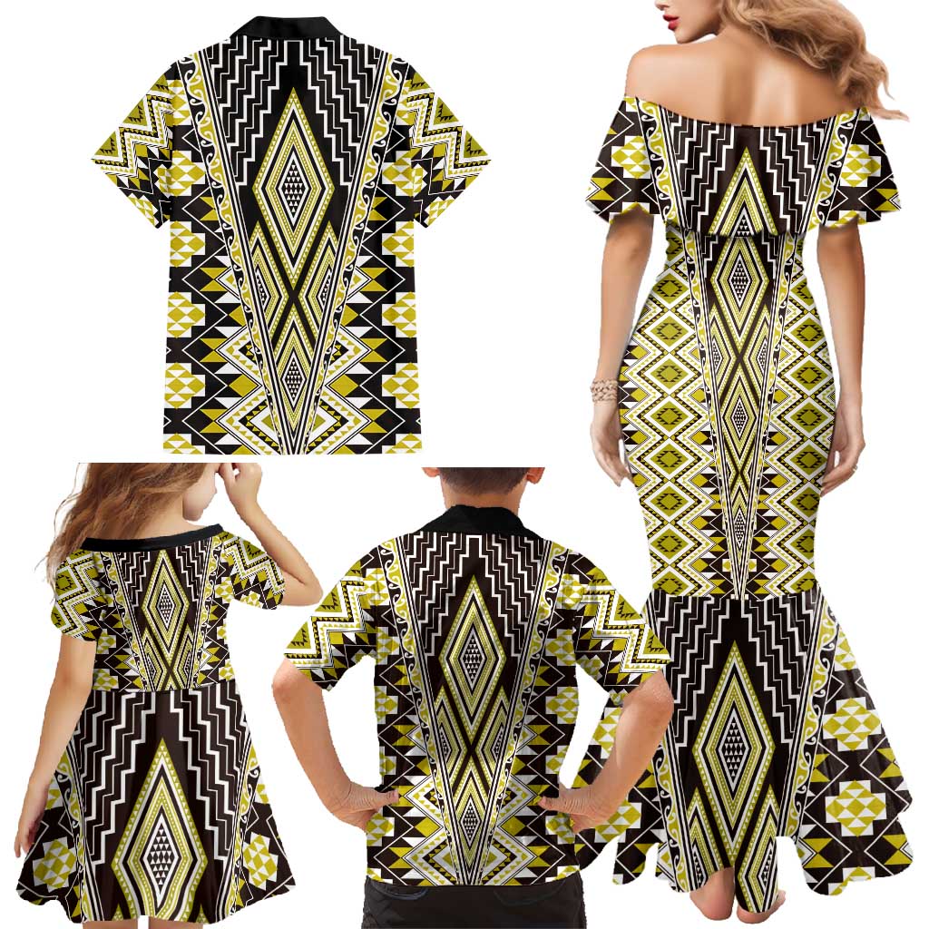 Yellow Aotearoa Tukutuku and Poutama Motif Family Matching Mermaid Dress and Hawaiian Shirt