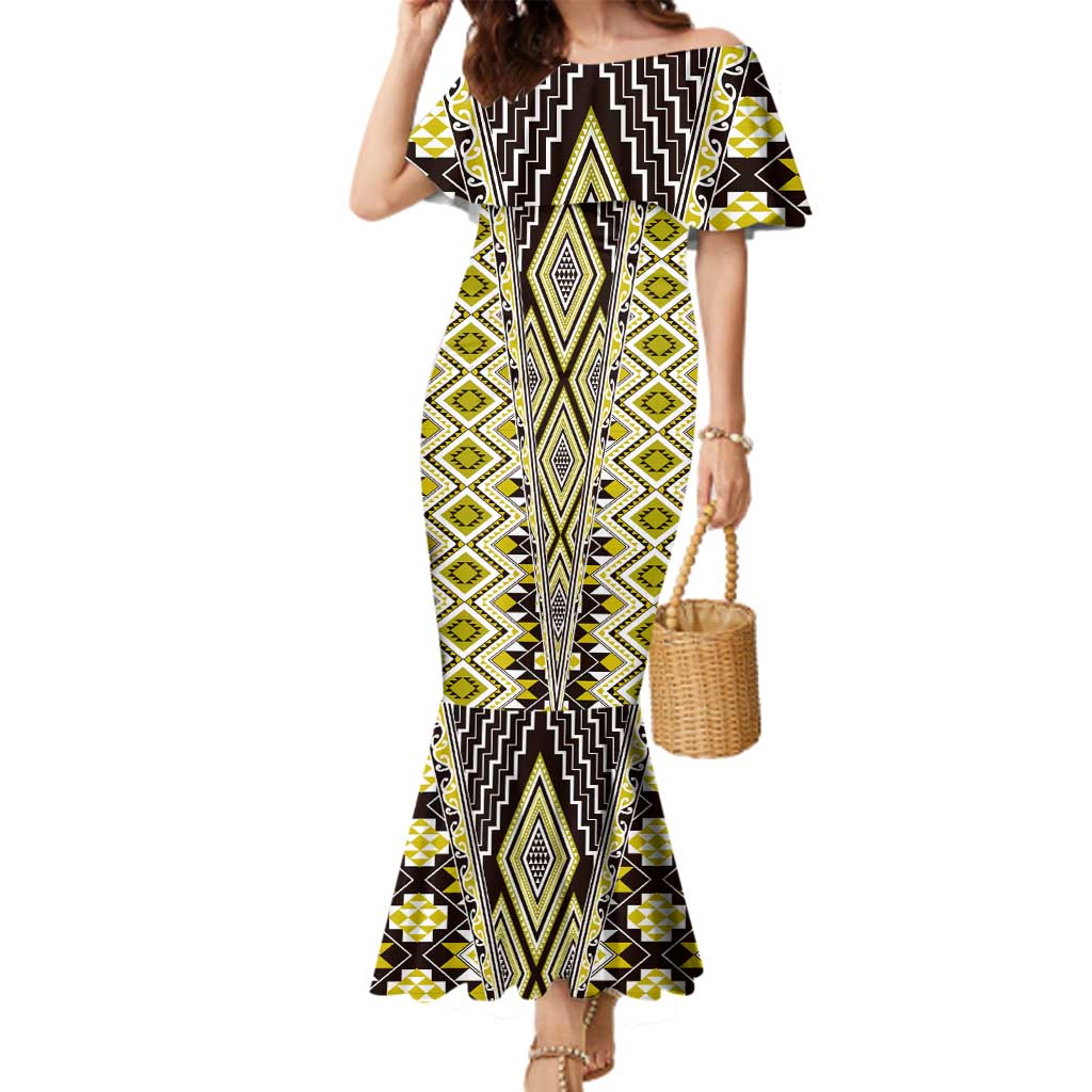 Yellow Aotearoa Tukutuku and Poutama Motif Family Matching Mermaid Dress and Hawaiian Shirt