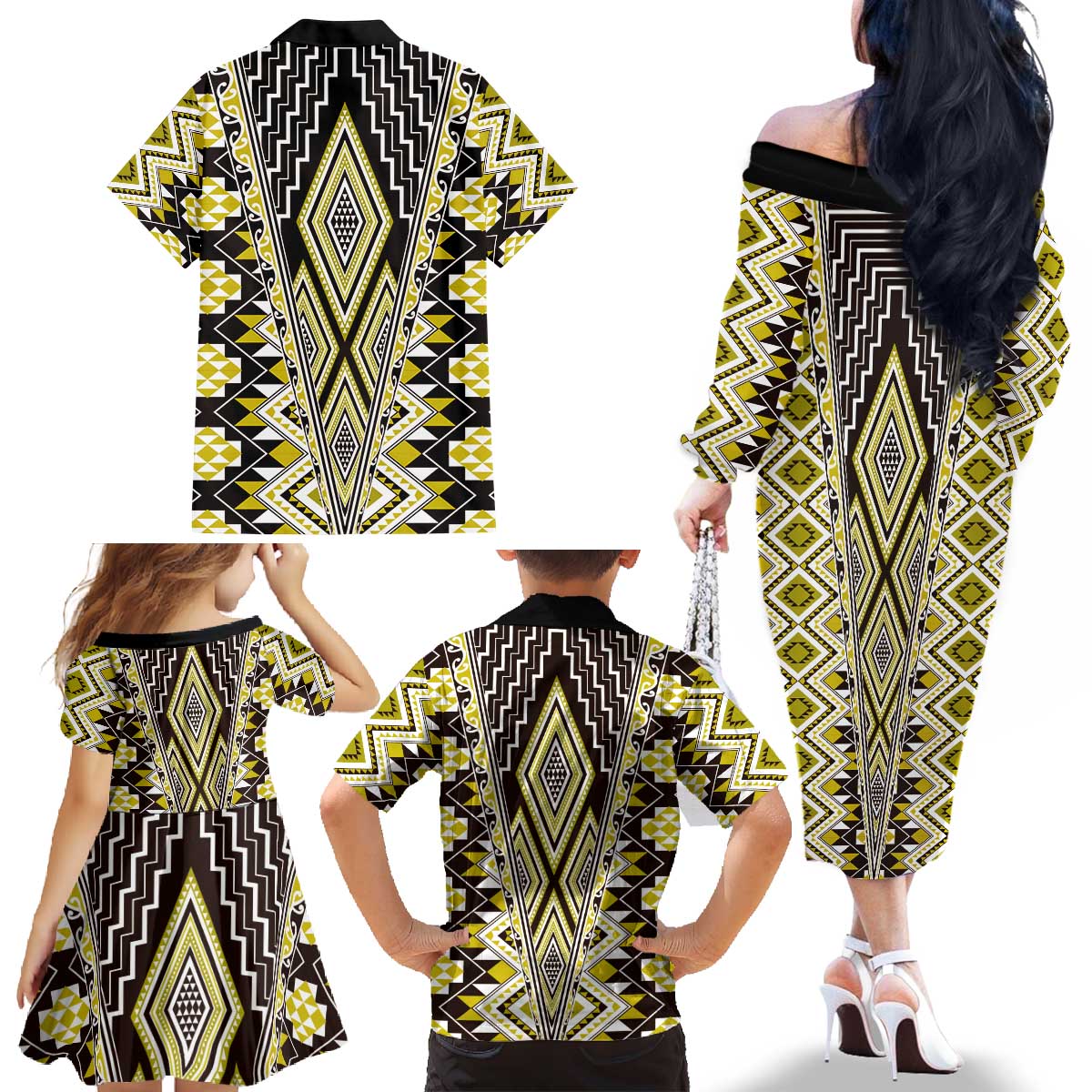 Yellow Aotearoa Tukutuku and Poutama Motif Family Matching Off The Shoulder Long Sleeve Dress and Hawaiian Shirt