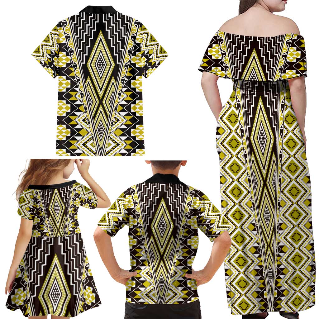 Yellow Aotearoa Tukutuku and Poutama Motif Family Matching Off Shoulder Maxi Dress and Hawaiian Shirt