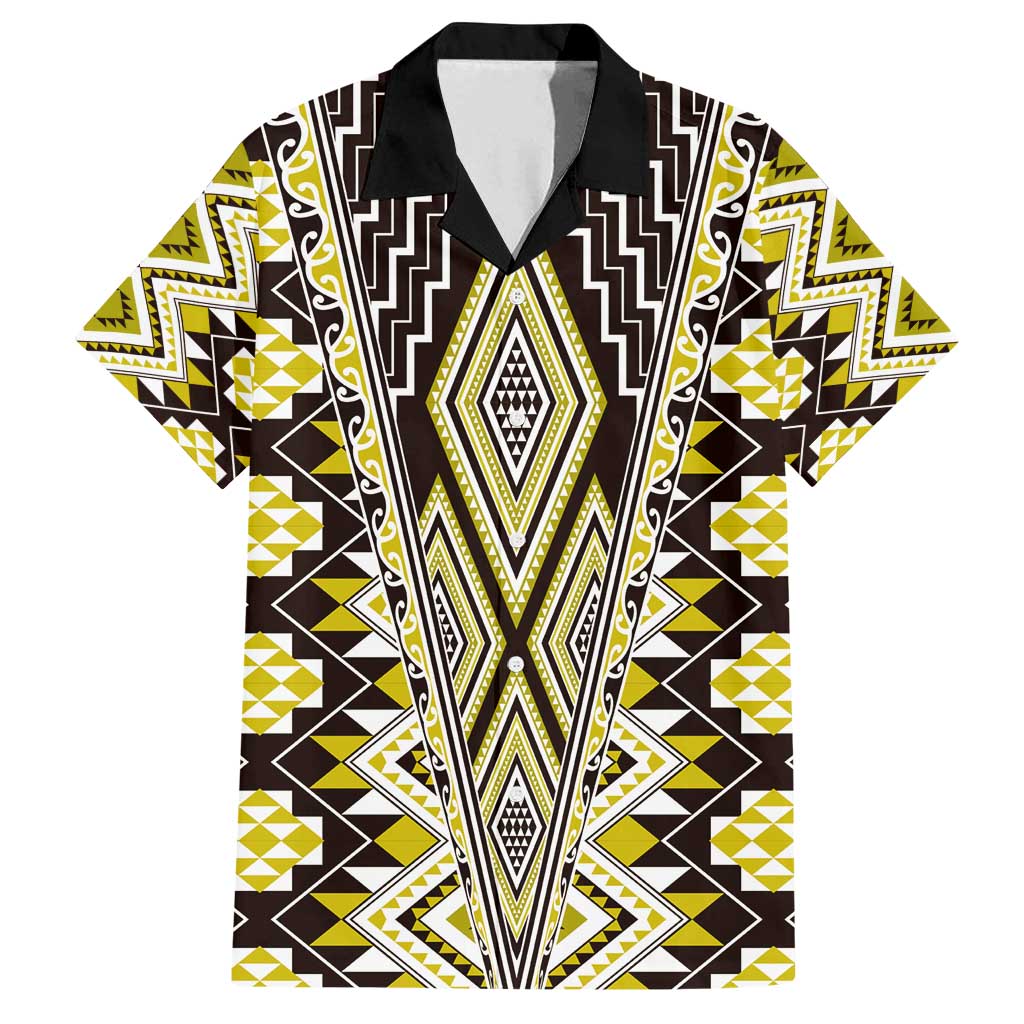 Yellow Aotearoa Tukutuku and Poutama Motif Family Matching Off Shoulder Maxi Dress and Hawaiian Shirt