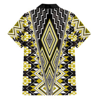 Yellow Aotearoa Tukutuku and Poutama Motif Family Matching Off Shoulder Maxi Dress and Hawaiian Shirt