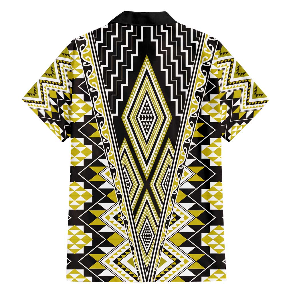 Yellow Aotearoa Tukutuku and Poutama Motif Family Matching Puletasi and Hawaiian Shirt