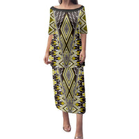 Yellow Aotearoa Tukutuku and Poutama Motif Family Matching Puletasi and Hawaiian Shirt