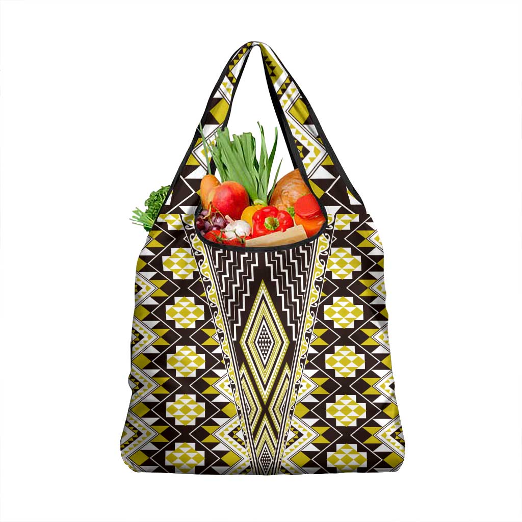 Yellow Aotearoa Tukutuku and Poutama Motif Grocery Bag