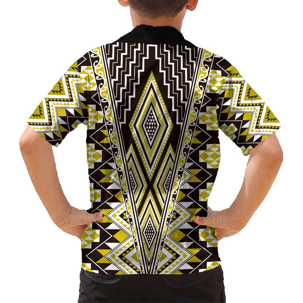 Yellow Aotearoa Tukutuku and Poutama Motif Kid Hawaiian Shirt