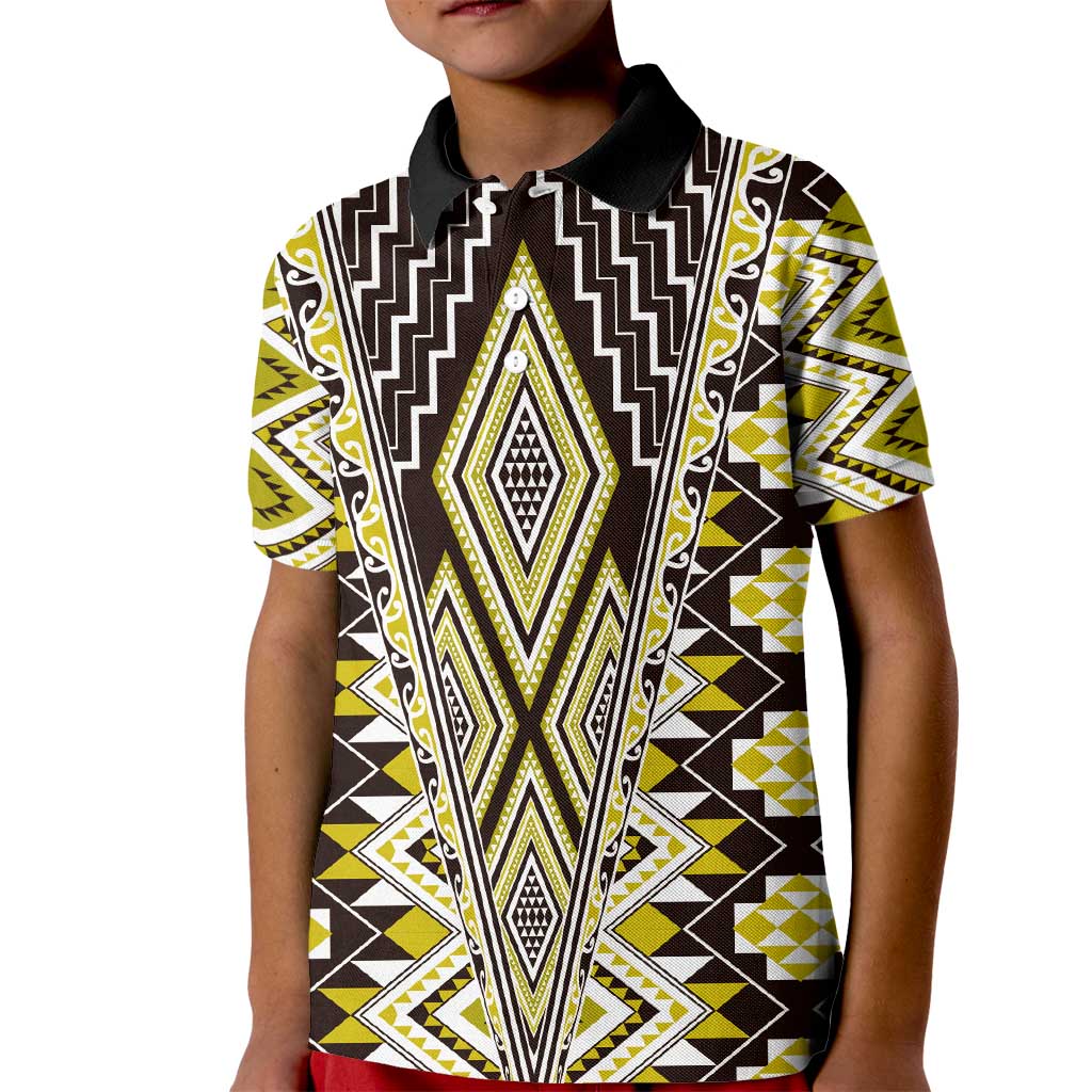 Yellow Aotearoa Tukutuku and Poutama Motif Kid Polo Shirt