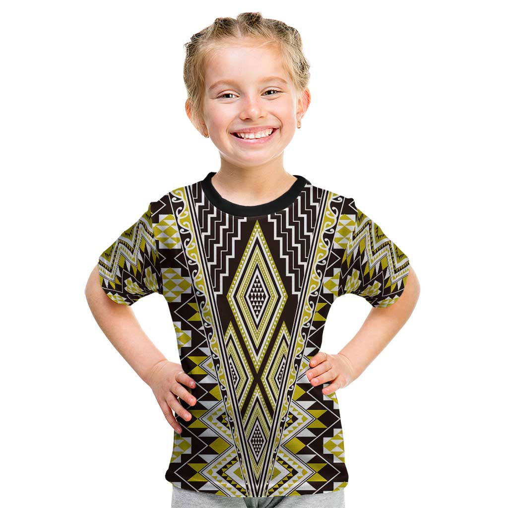 Yellow Aotearoa Tukutuku and Poutama Motif Kid T Shirt