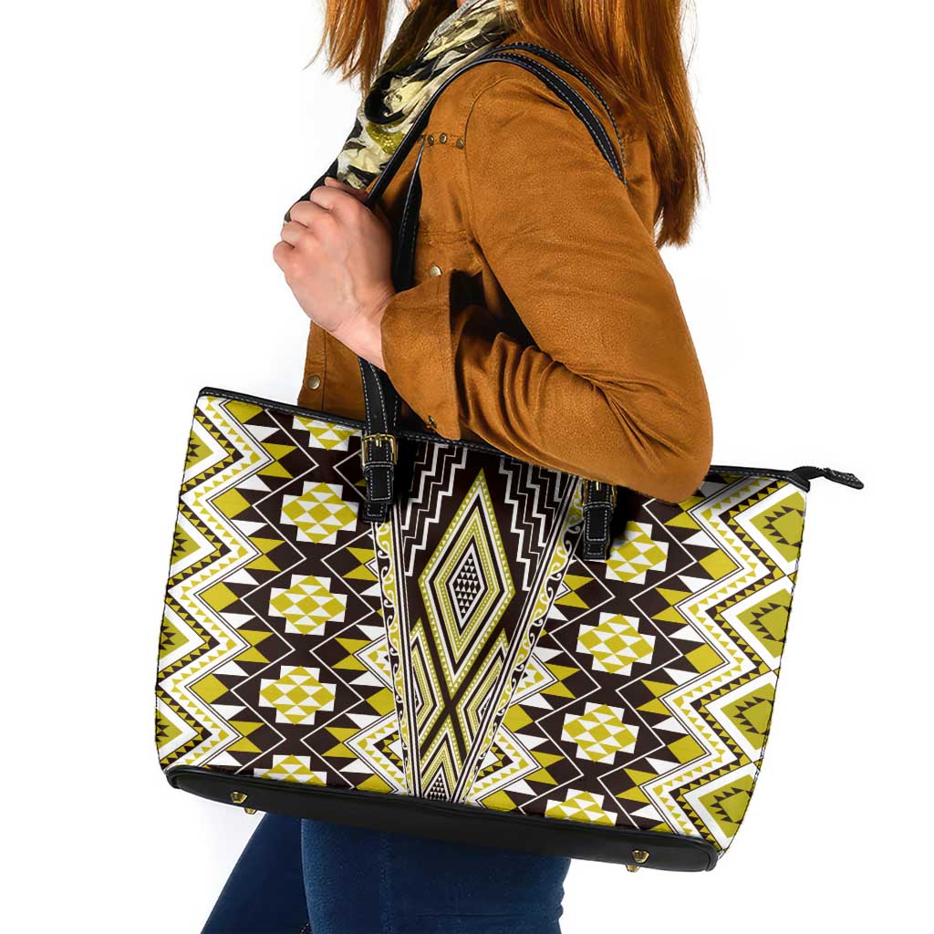 Yellow Aotearoa Tukutuku and Poutama Motif Leather Tote Bag