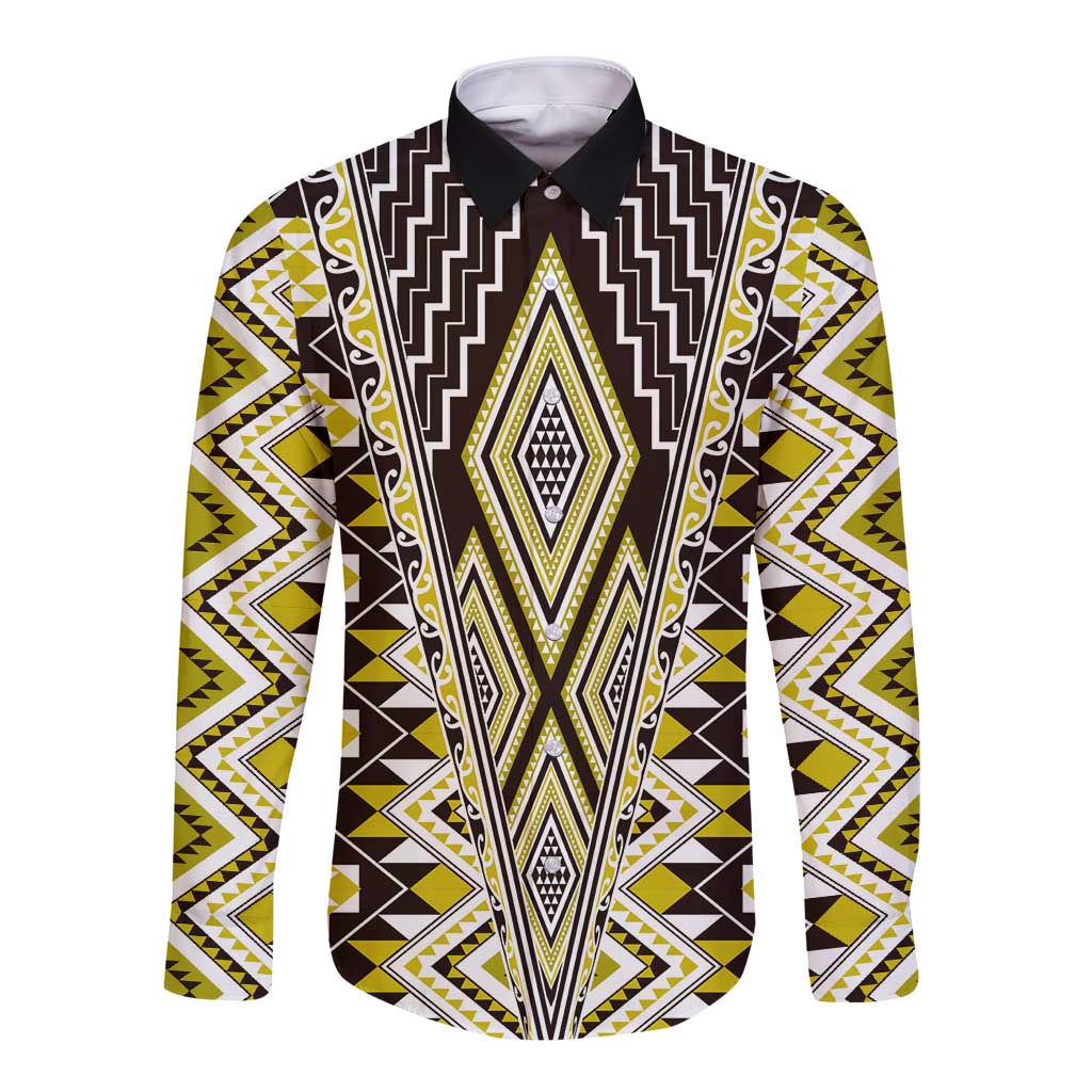 Yellow Aotearoa Tukutuku and Poutama Motif Long Sleeve Button Shirt