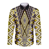 Yellow Aotearoa Tukutuku and Poutama Motif Long Sleeve Button Shirt LT03 Unisex Yellow - Polynesian Pride