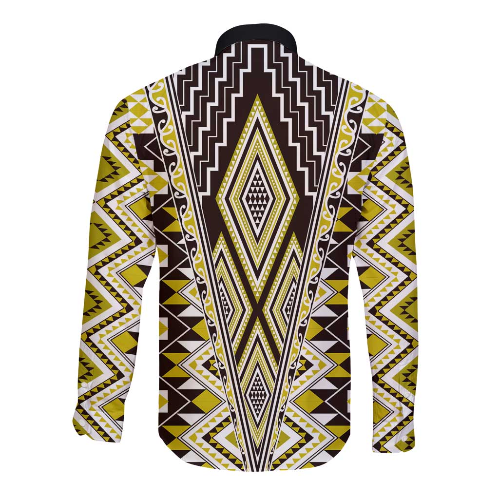 Yellow Aotearoa Tukutuku and Poutama Motif Long Sleeve Button Shirt LT03 - Polynesian Pride