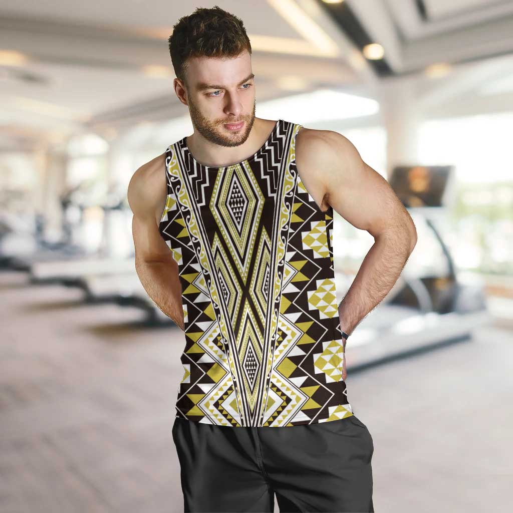 Yellow Aotearoa Tukutuku and Poutama Motif Men Tank Top