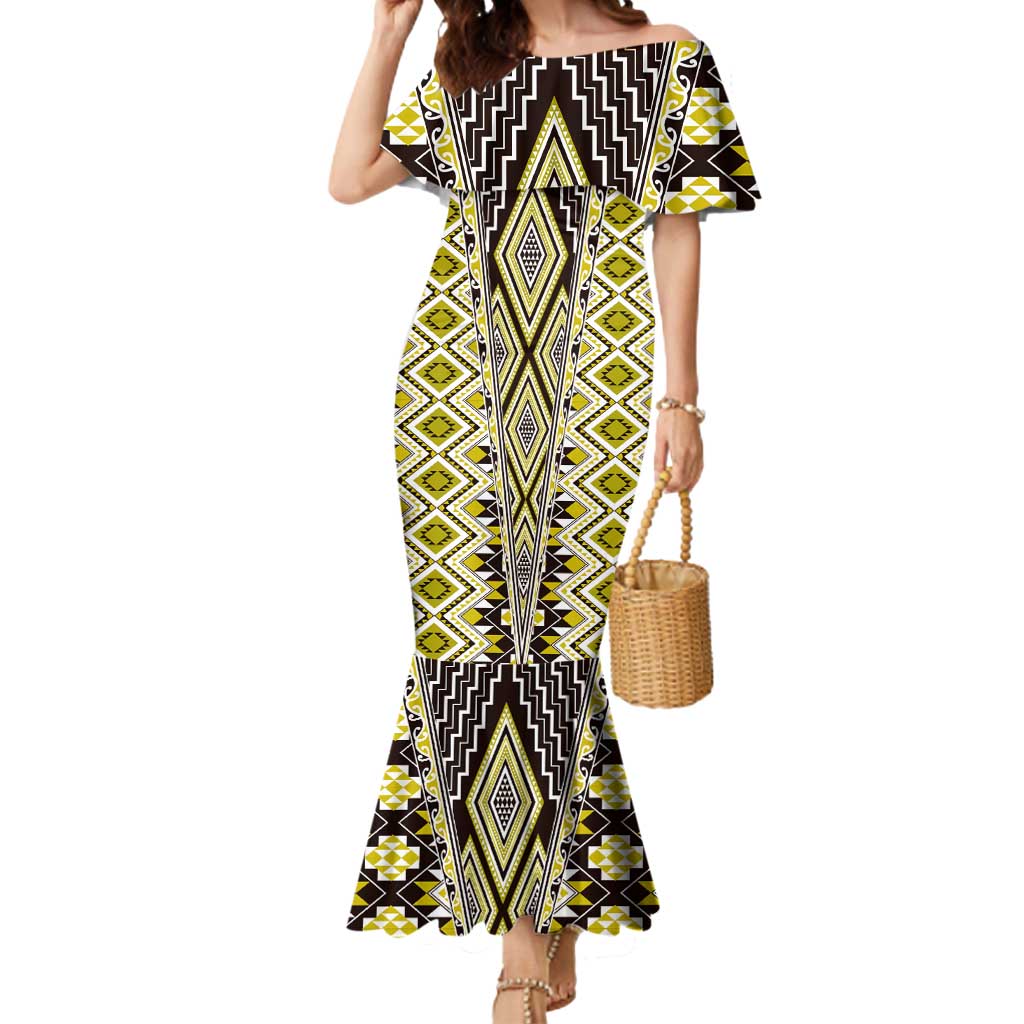 Yellow Aotearoa Tukutuku and Poutama Motif Mermaid Dress