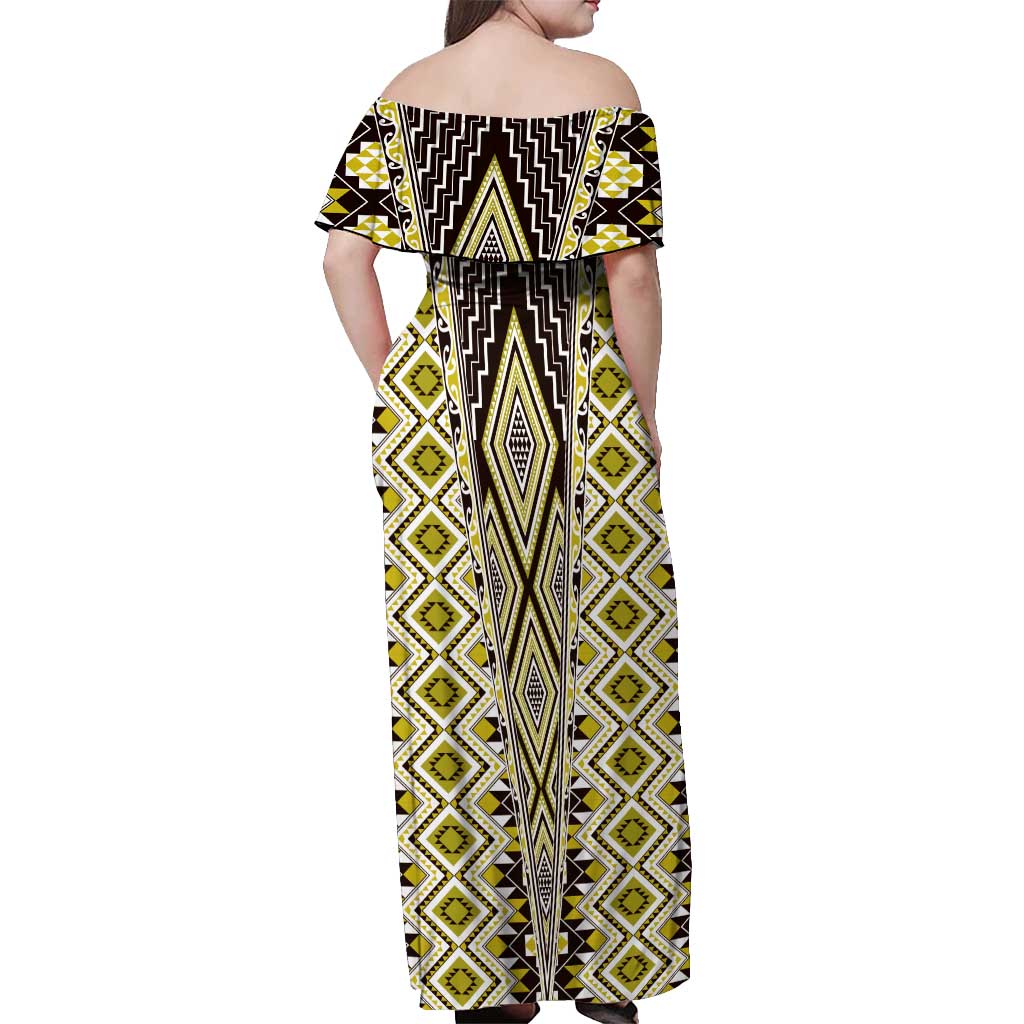 Yellow Aotearoa Tukutuku and Poutama Motif Off Shoulder Maxi Dress LT03 - Polynesian Pride