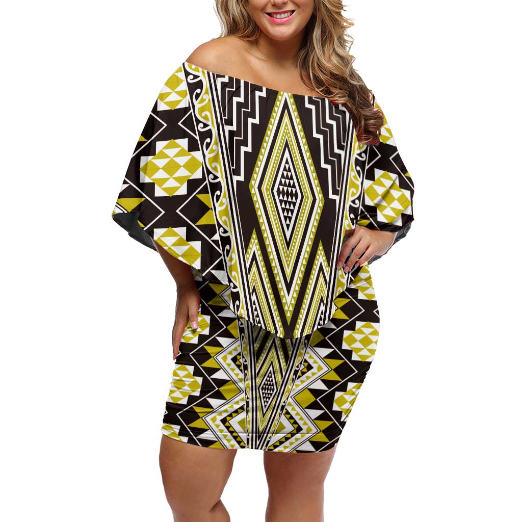 Yellow Aotearoa Tukutuku and Poutama Motif Off Shoulder Short Dress