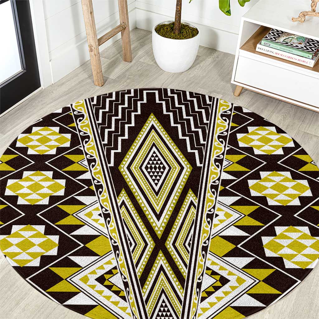 Yellow Aotearoa Tukutuku and Poutama Motif Round Carpet