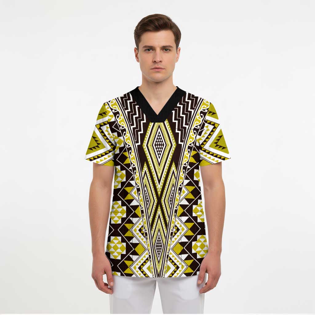 Yellow Aotearoa Tukutuku and Poutama Motif Scrub Top - Polynesian Pride