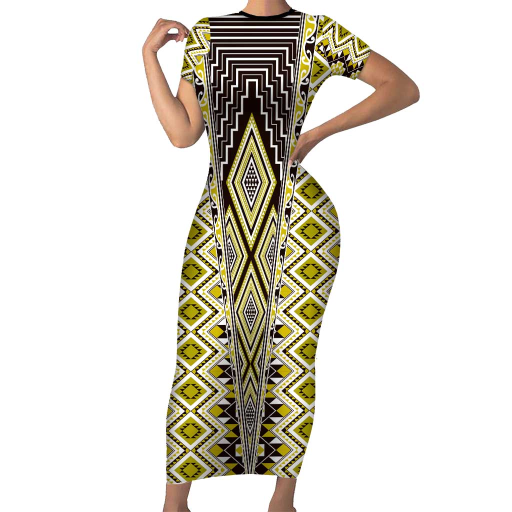 Yellow Aotearoa Tukutuku and Poutama Motif Short Sleeve Bodycon Dress