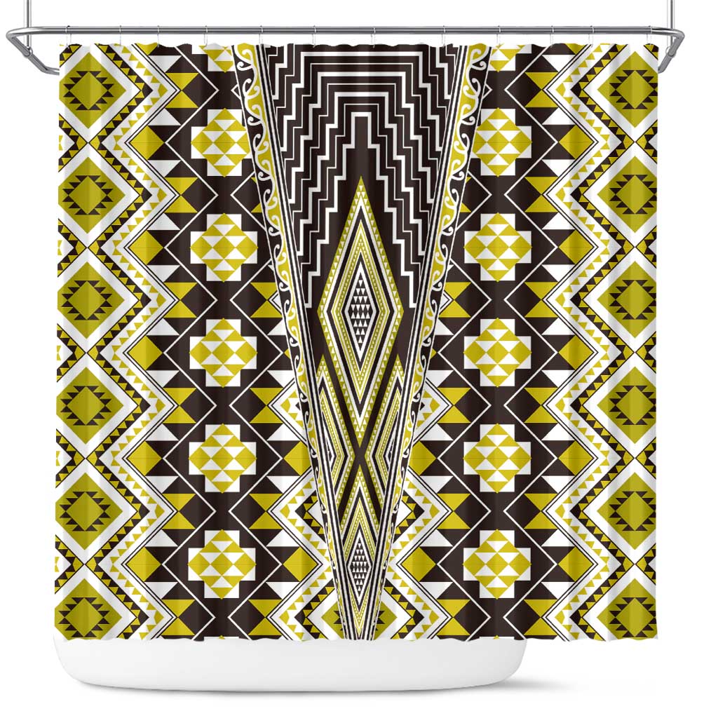 Yellow Aotearoa Tukutuku and Poutama Motif Shower Curtain