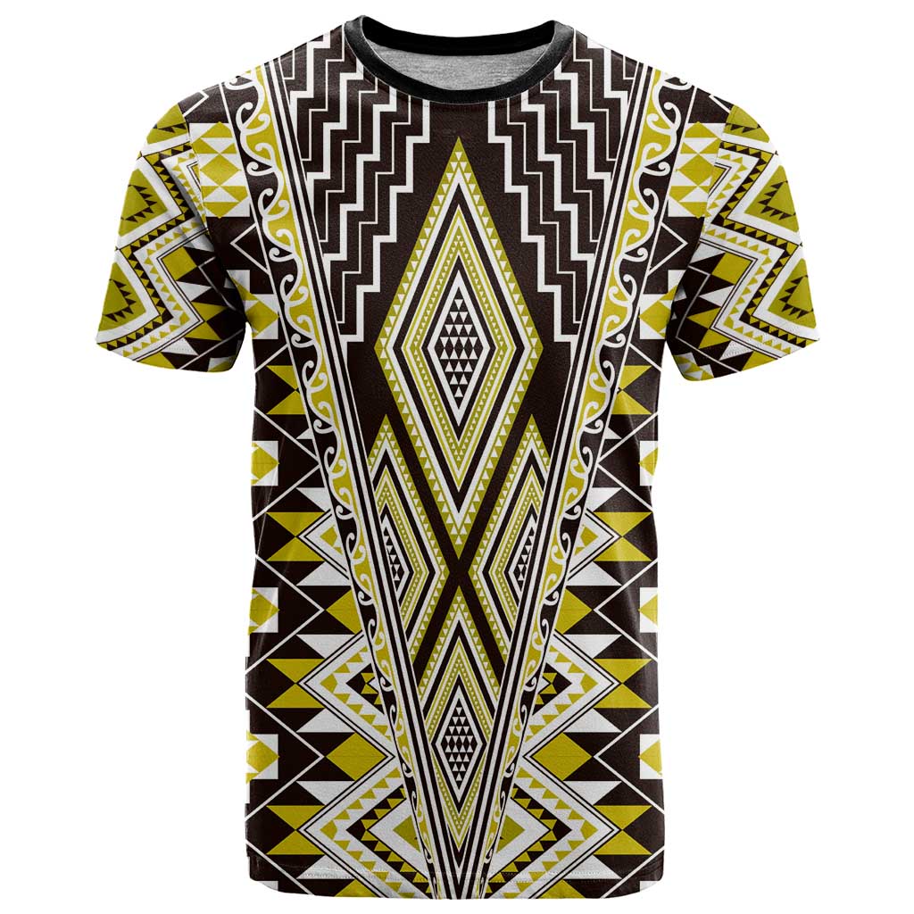 Yellow Aotearoa Tukutuku and Poutama Motif T Shirt