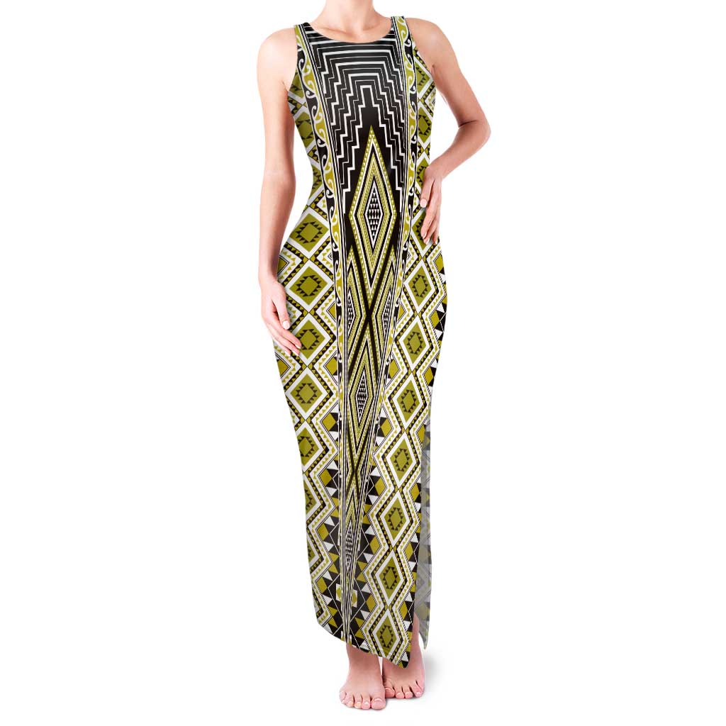 Yellow Aotearoa Tukutuku and Poutama Motif Tank Maxi Dress