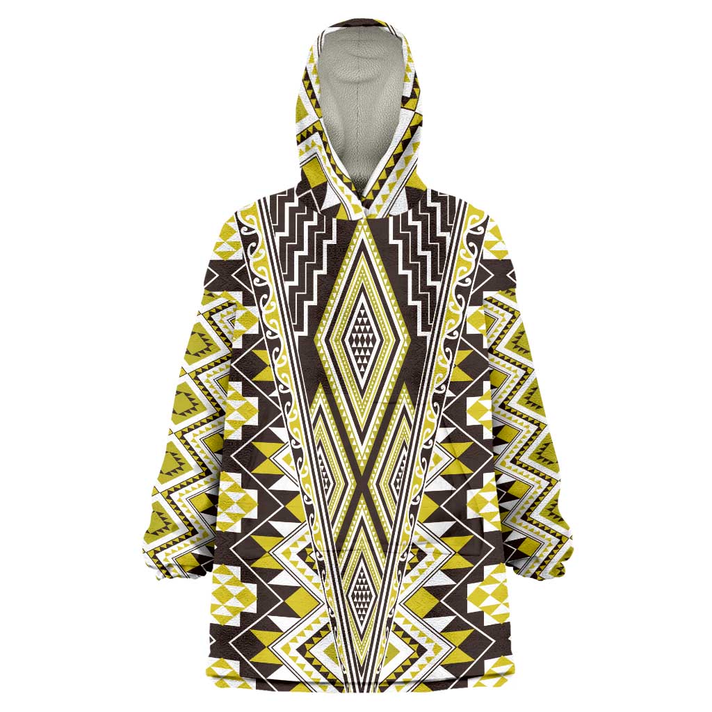 Yellow Aotearoa Tukutuku and Poutama Motif Wearable Blanket Hoodie